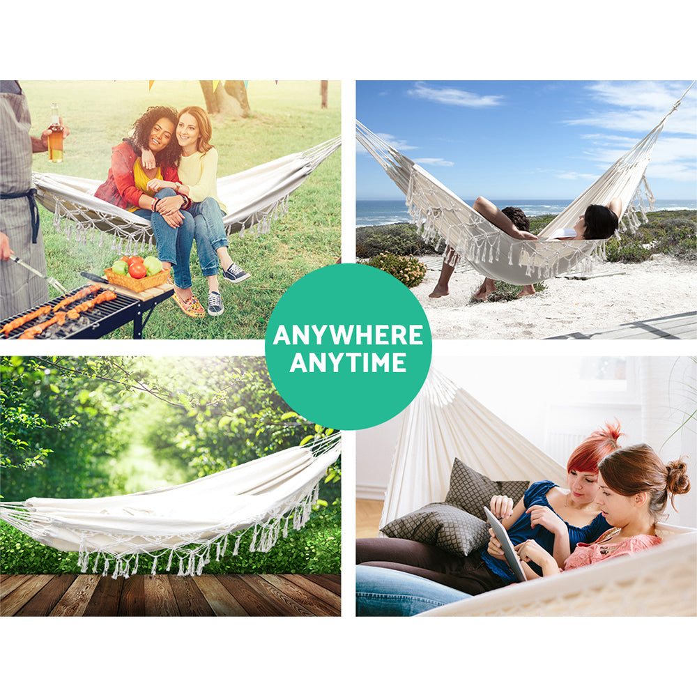 Gardeon Hammock Bed 200cm x 150cm Cream, 150kg Capacity, Handcrafted Tassels - SuperSaverAU - view 4