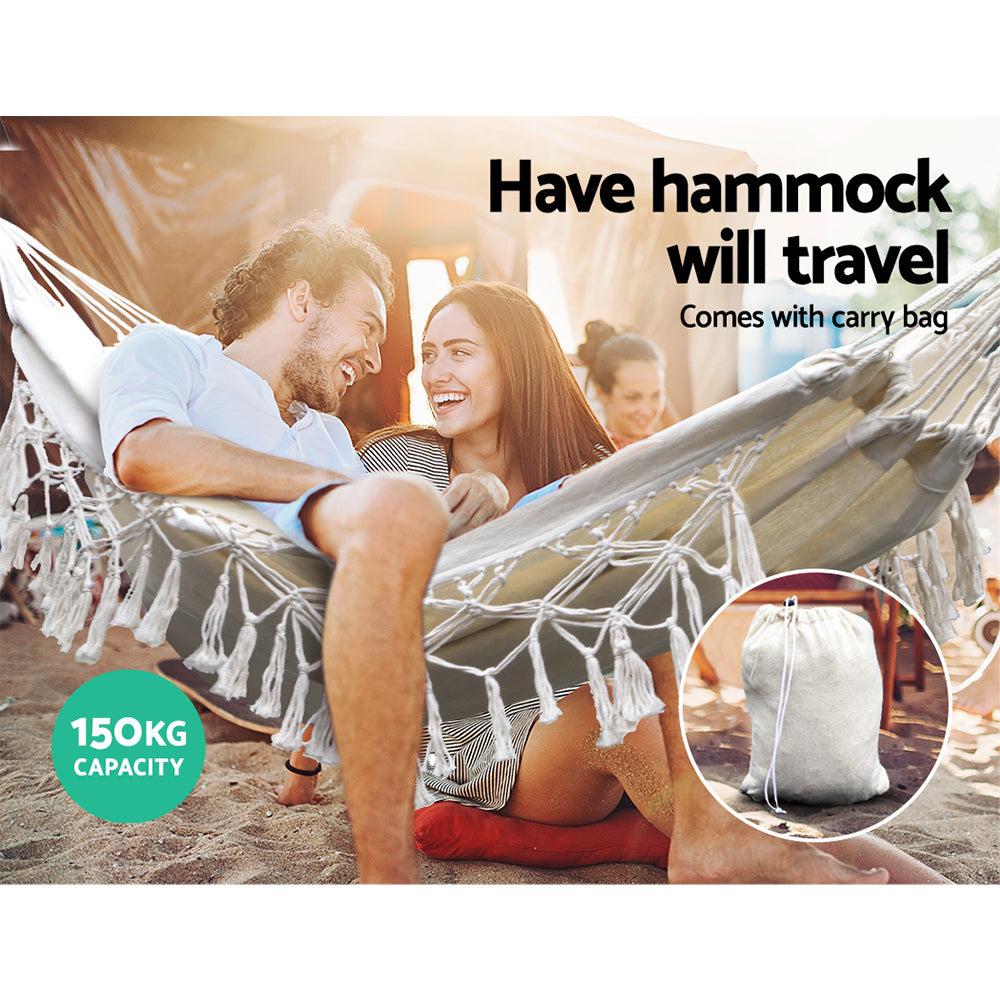 Gardeon Hammock Bed 200cm x 150cm Cream, 150kg Capacity, Handcrafted Tassels