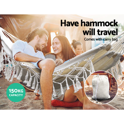 Gardeon Hammock Bed 200cm x 150cm Cream, 150kg Capacity, Handcrafted Tassels