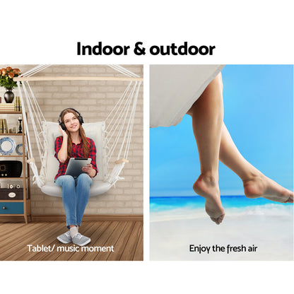 Gardeon Hammock Chair 100x60x138cm with Armrest & Removable Pillow - Cream