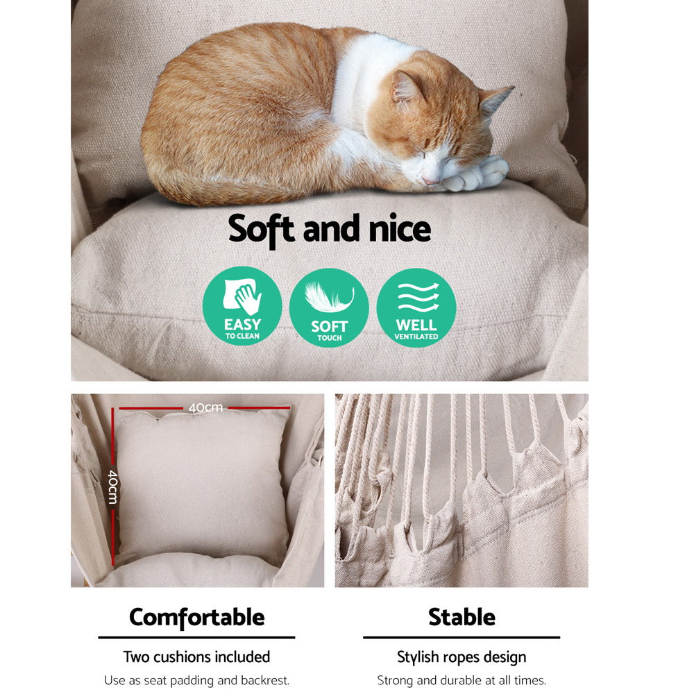 Gardeon Hammock Chair 100cm x 45cm x 145cm with Cushions - Cream, Indoor/Outdoor