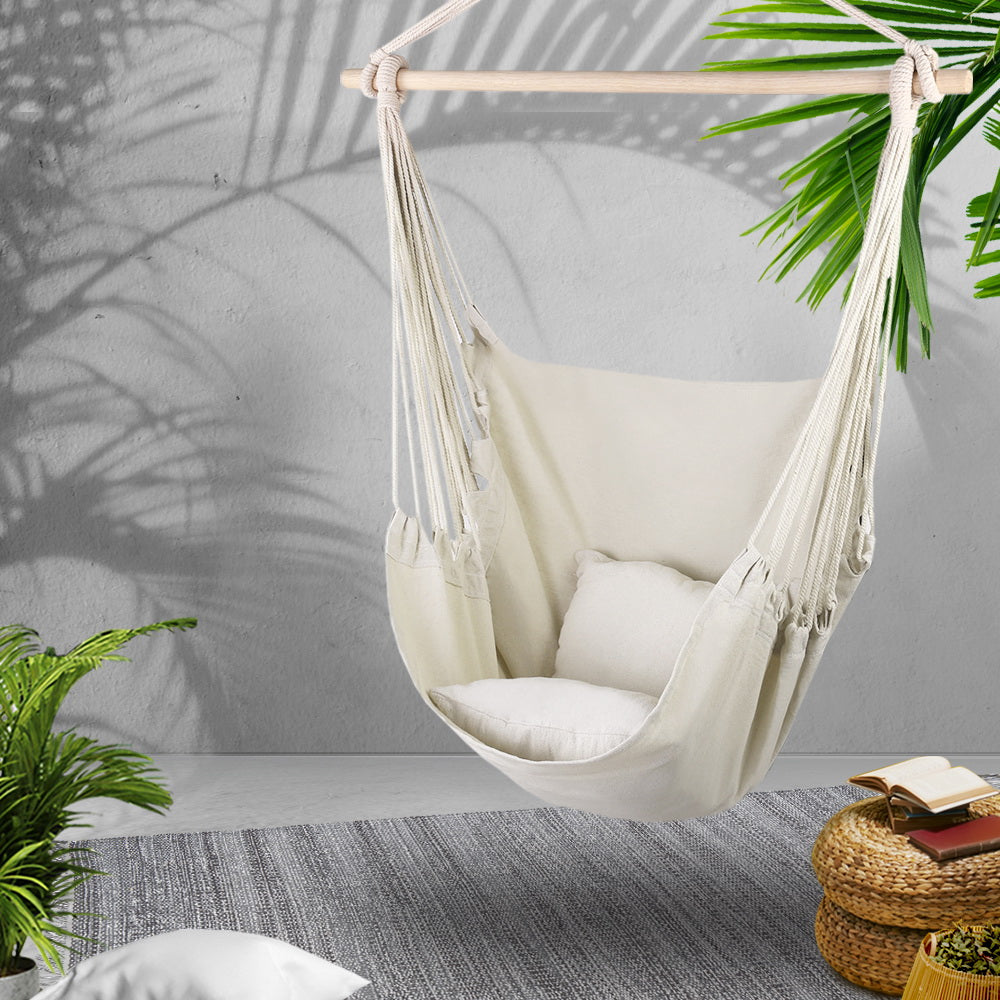 Gardeon Hammock Chair 100cm x 45cm x 145cm with Cushions - Cream, Indoor/Outdoor