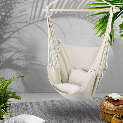 Gardeon Hammock Chair 100cm x 45cm x 145cm with Cushions - Cream, Indoor/Outdoor