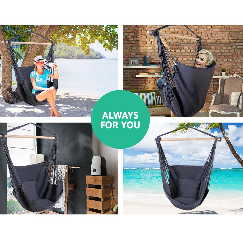 Gardeon Hammock Chair 100cm x 45cm x 145cm with Cushions, Grey, 180kg Capacity - SuperSaverAU - view 3