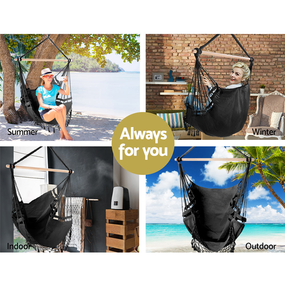 Gardeon Hanging Hammock Chair Outdoor Swing Hammocks Tassel Grey - SuperSaverAU - view 3