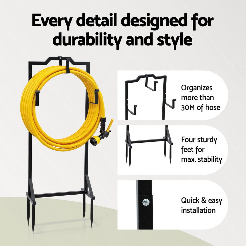 Green Fingers Metal Garden Hose Reel Holder 30m, Portable, 4-Spike Base, Black - SuperSaverAU - view 4
