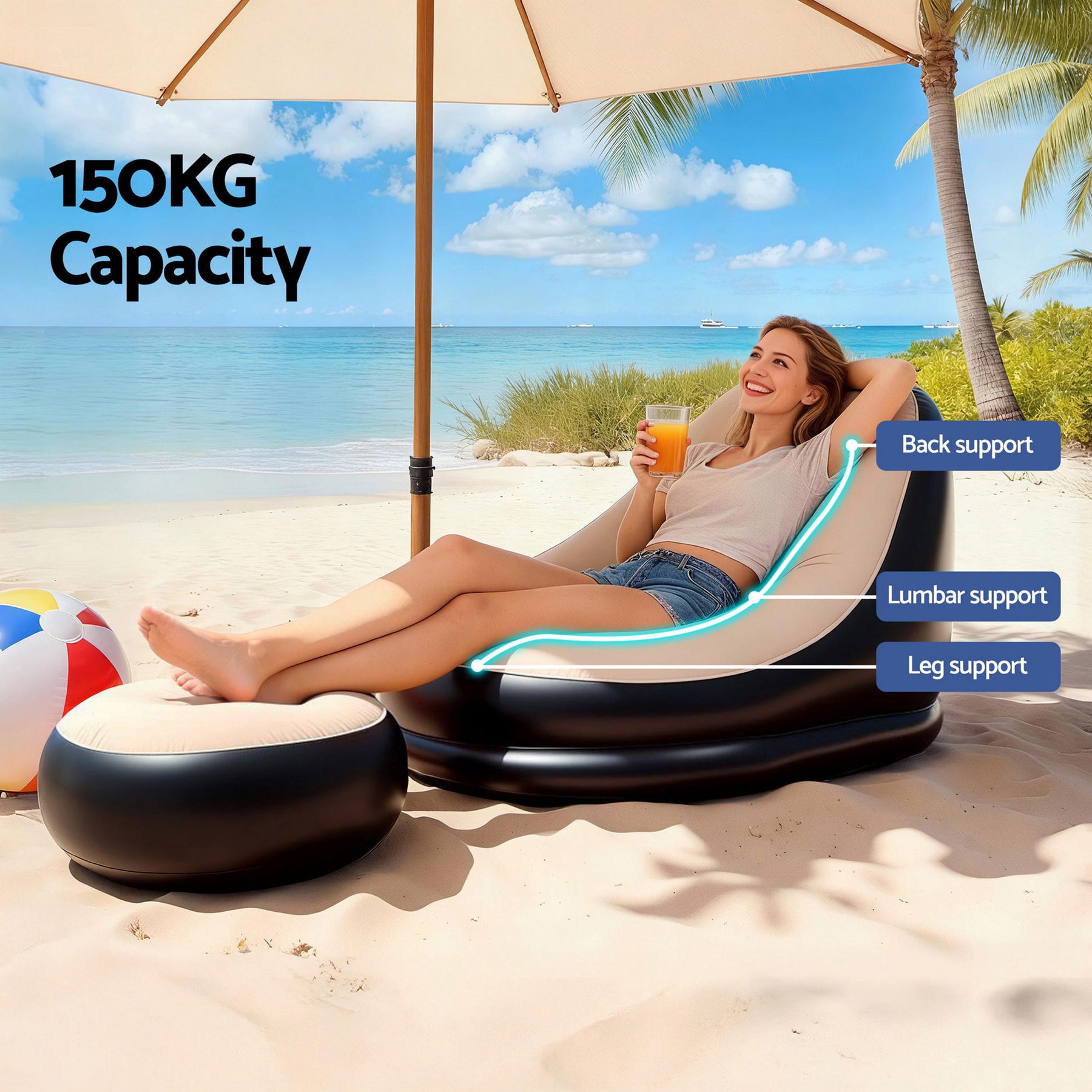 Gardeon Inflatable Chair and Ottoman Coffee Black with Pump 150kg Capacity