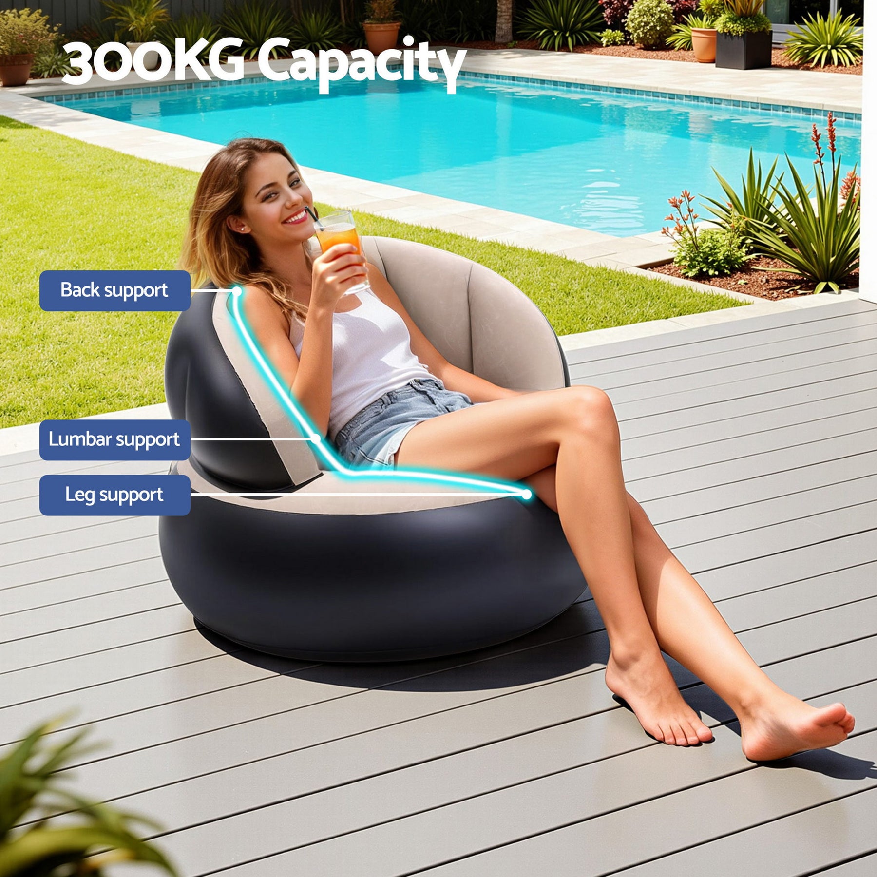Gardeon Inflatable Folding Chair Coffee Black with Pump 150kg Capacity