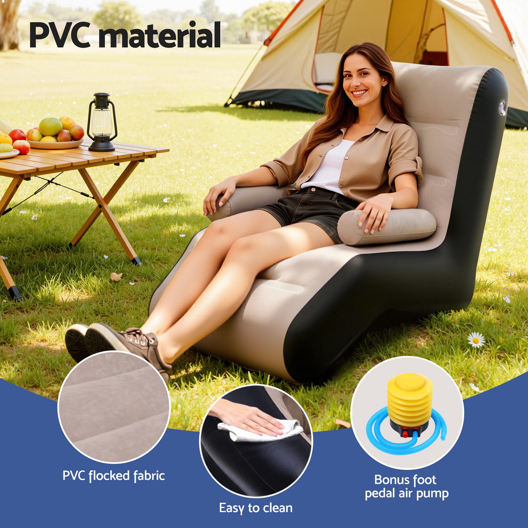 Gardeon Inflatable Sun Lounger Sofa Chair Coffee Black with Pump 150kg Capacity