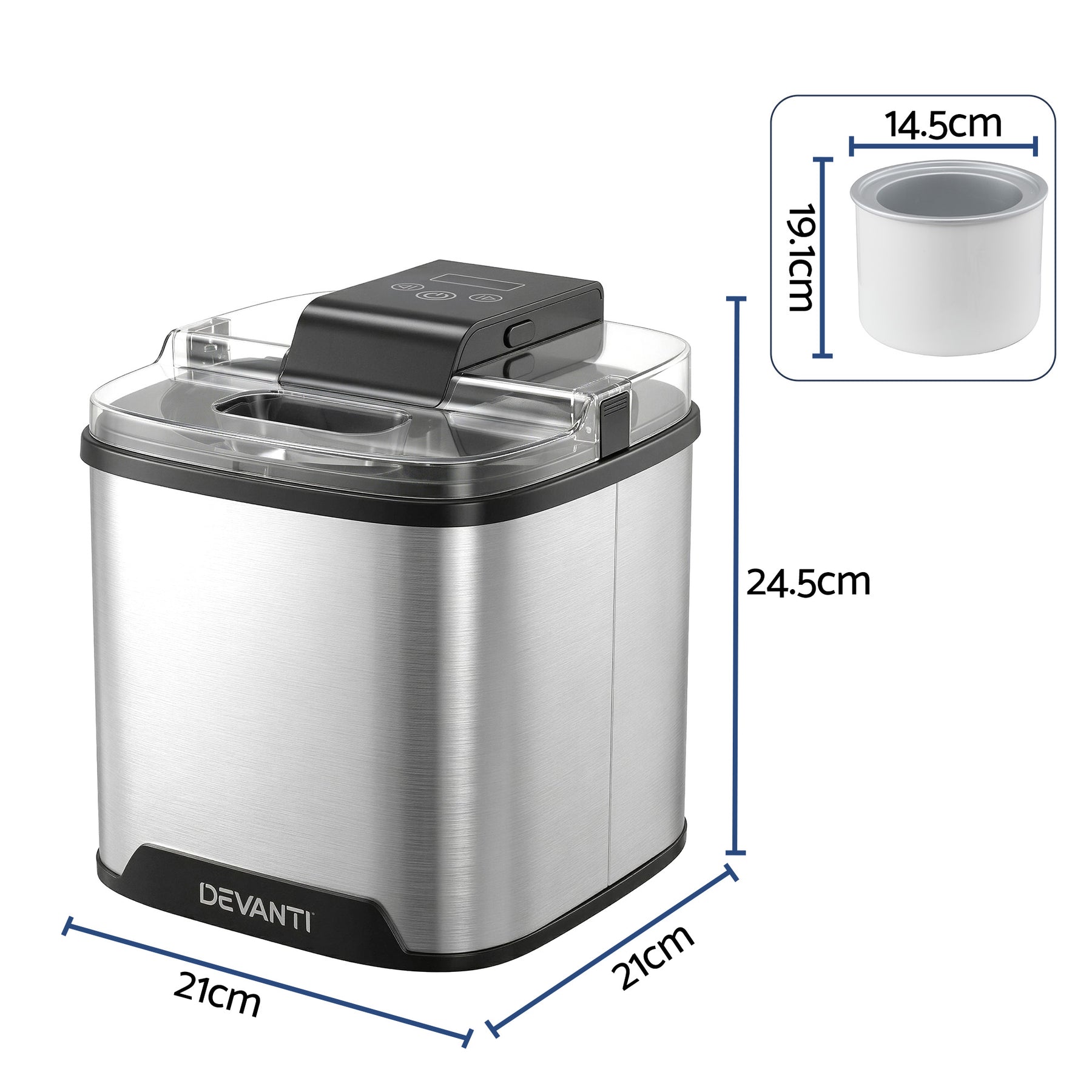 Devanti 2L Ice Cream Maker for Gelato, Sorbet & Frozen Drinks - Silver