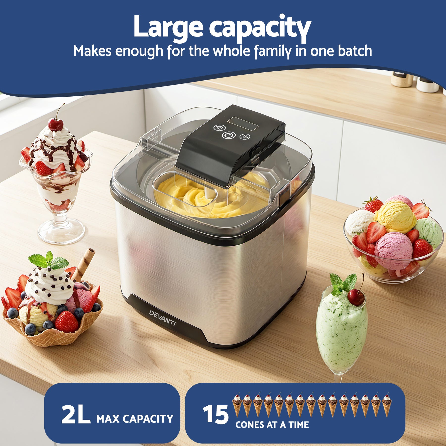 Devanti 2L Ice Cream Maker for Gelato, Sorbet & Frozen Drinks - Silver