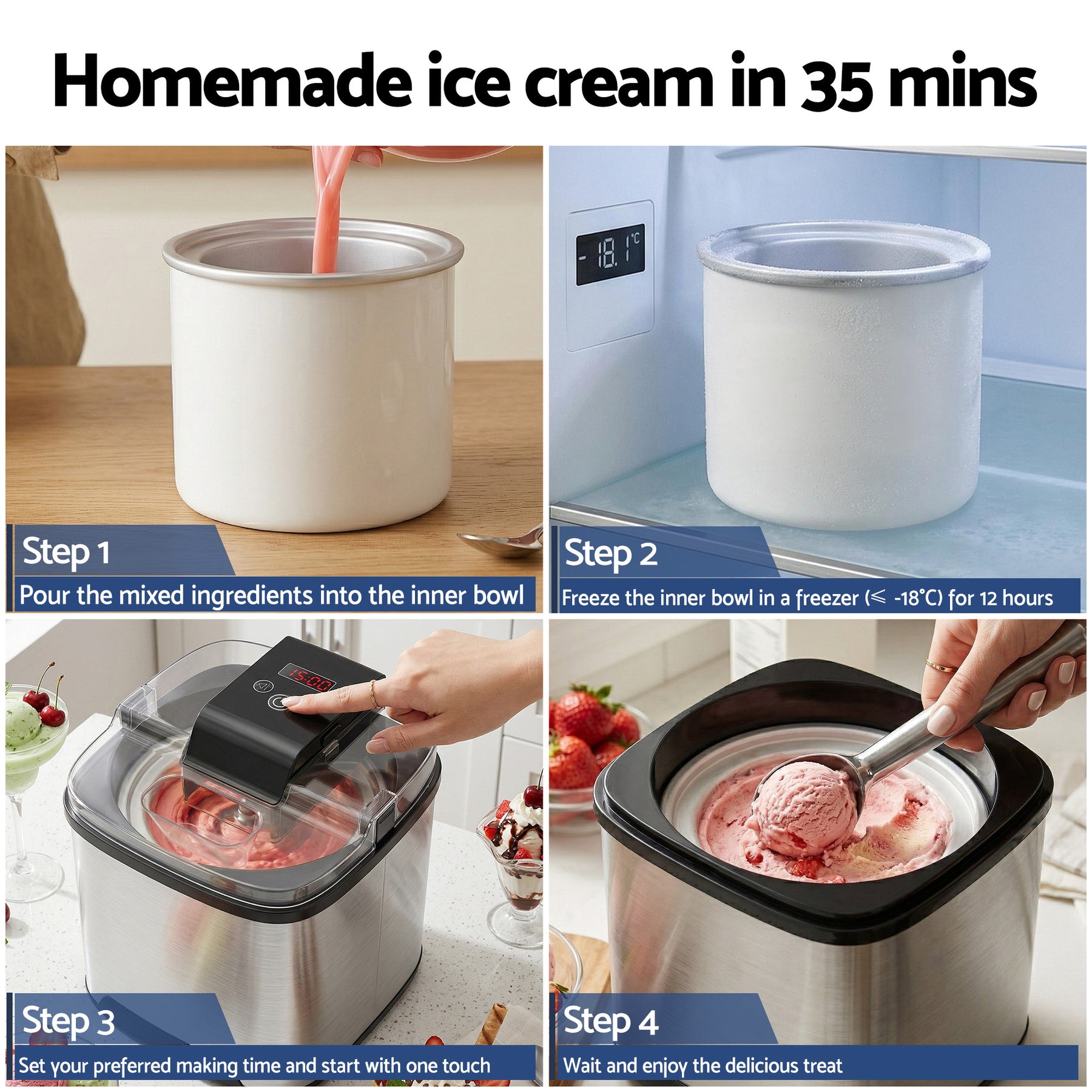 Devanti 2L Ice Cream Maker for Gelato, Sorbet & Frozen Drinks - Silver