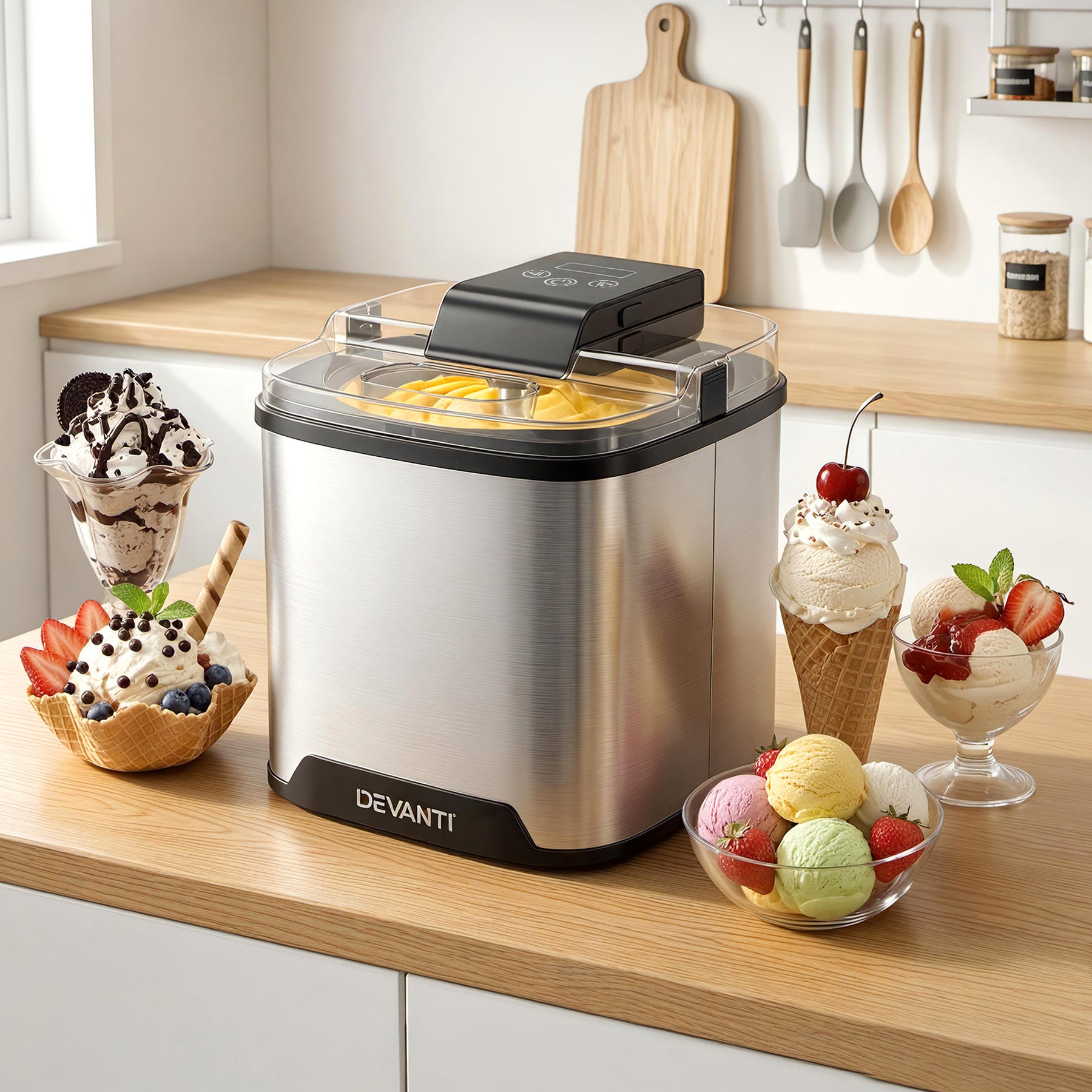 Devanti 2L Ice Cream Maker for Gelato, Sorbet & Frozen Drinks - Silver