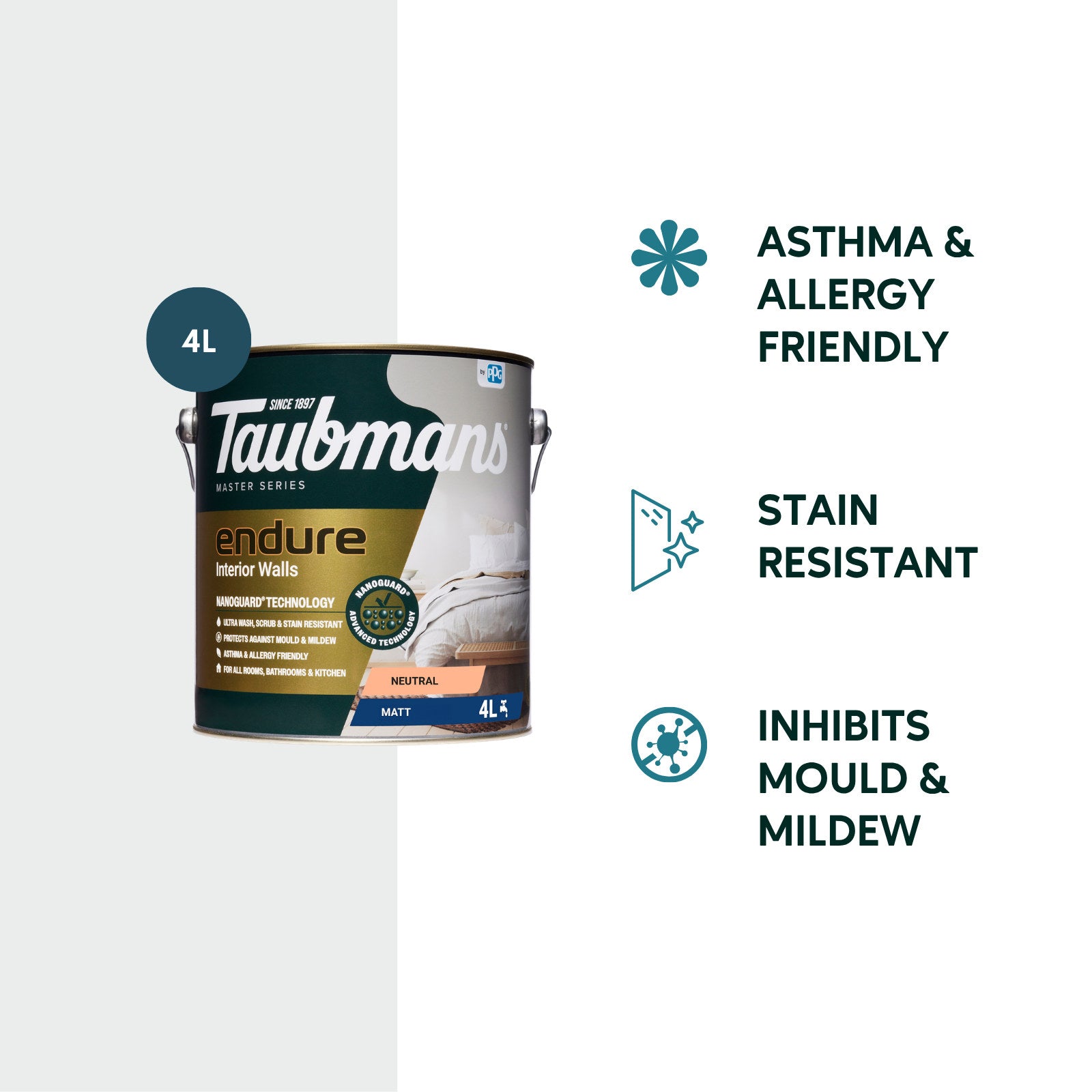 TAUBMANS Endure 4L Neutral Matt Interior Walls Paint Water Based UV Resistant