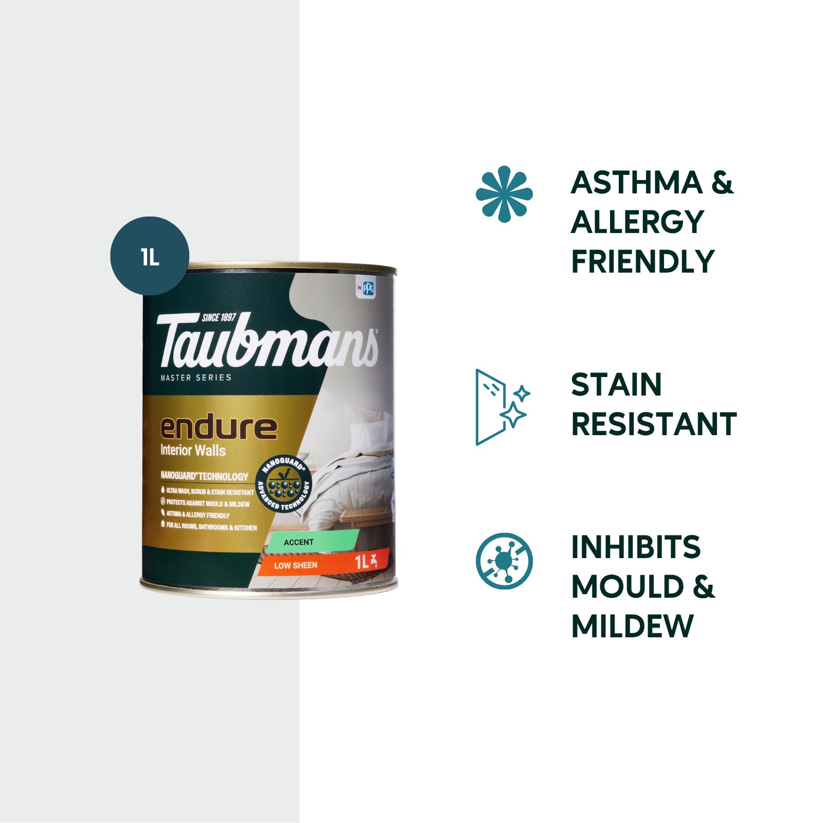 TAUBMANS Endure 1L Accent Low Sheen Interior Walls Paint Water Based UV Resistant