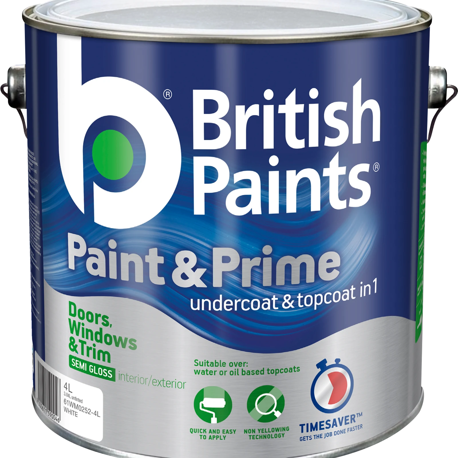 British Paints 4L White Semi Gloss Doors Windows and Trim Paint and Prime UV Resistant