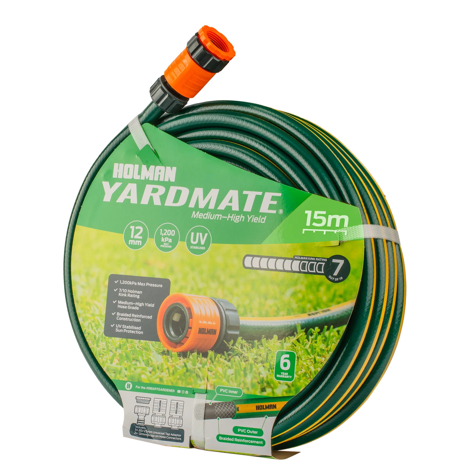 Holman 12mm x 15m Yardmate PVC Garden Hose Kink Resistant UV Resistant 1200kPa