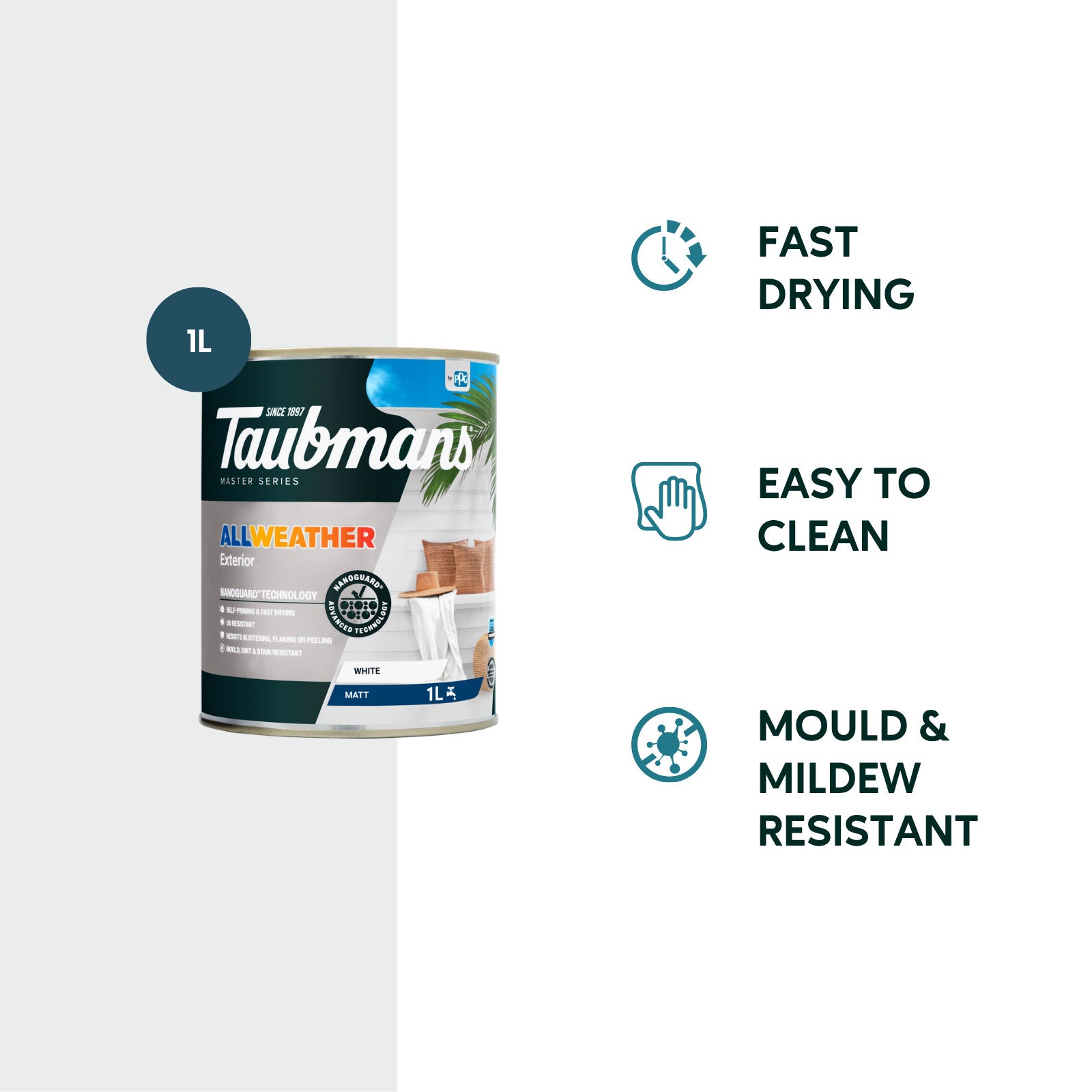 Taubmans 1L White Matt All Weather Exterior Paint Water Based UV Resistant