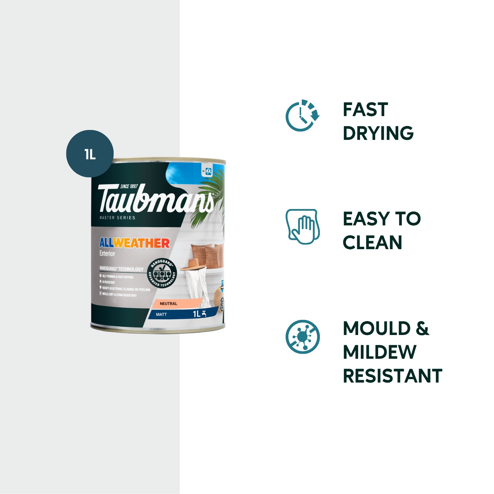Taubmans 1L Neutral Matt All Weather Exterior Paint Water Based UV Resistant