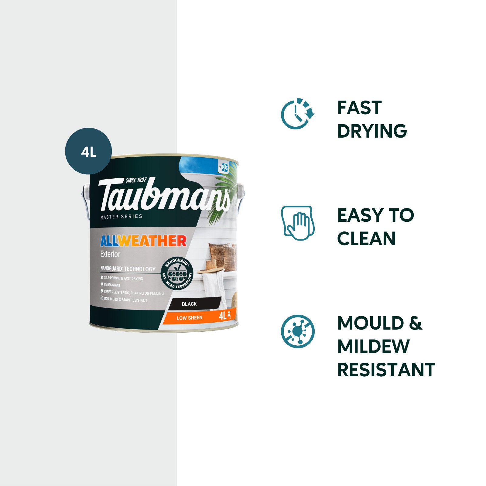 Taubmans 4L Black Low Sheen All Weather Exterior Paint