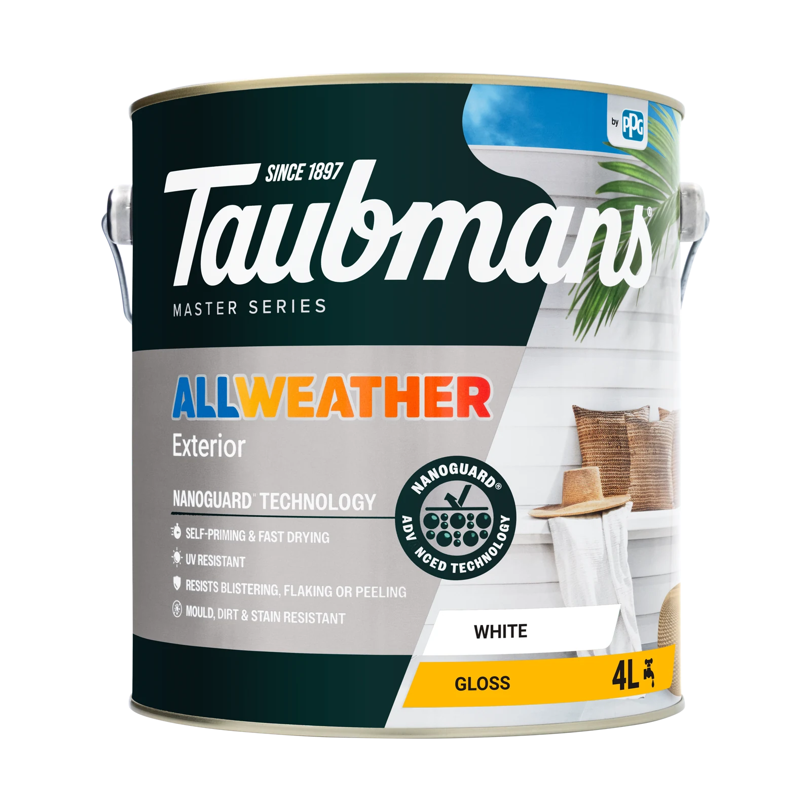 Taubmans 4L White Gloss All Weather Exterior Paint Water Based UV Resistant