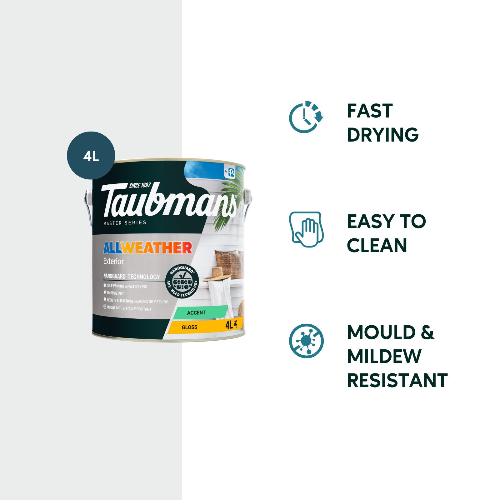 Taubmans 4L Accent Gloss All Weather Exterior Paint
