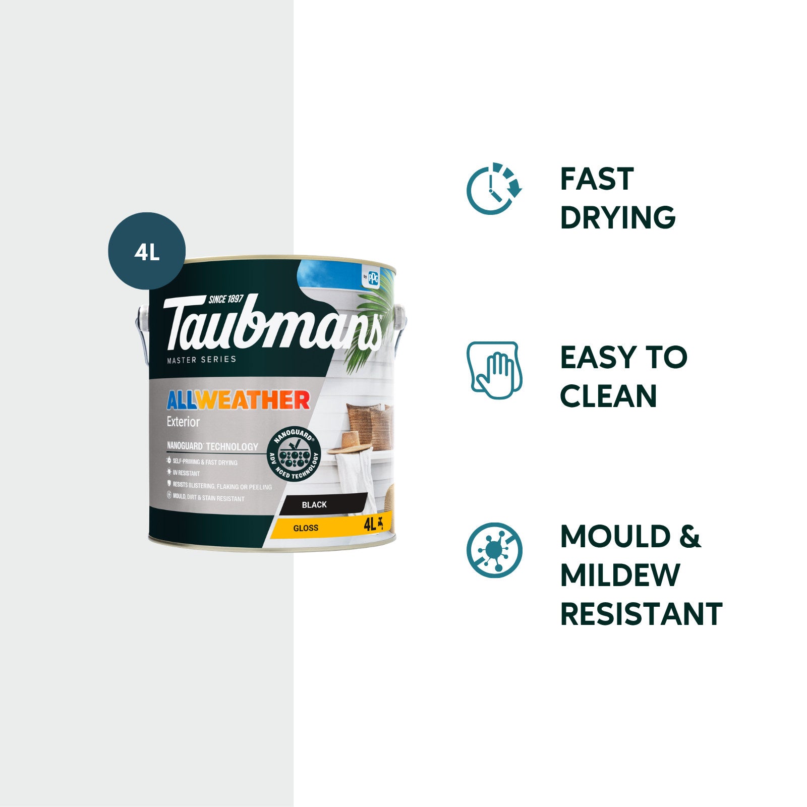 Taubmans 4L Black Gloss All Weather Exterior Paint Water Based UV Resistant