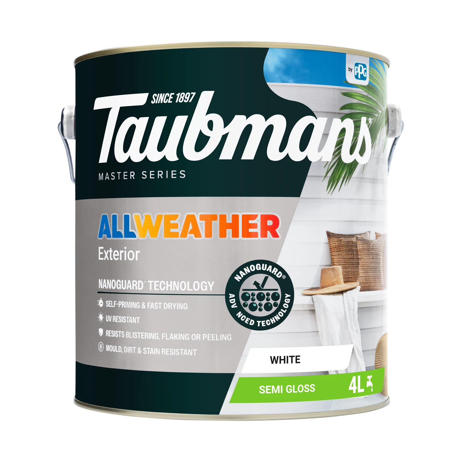 Taubmans 4L White Semi Gloss All Weather Exterior Paint Water Based UV Resistant