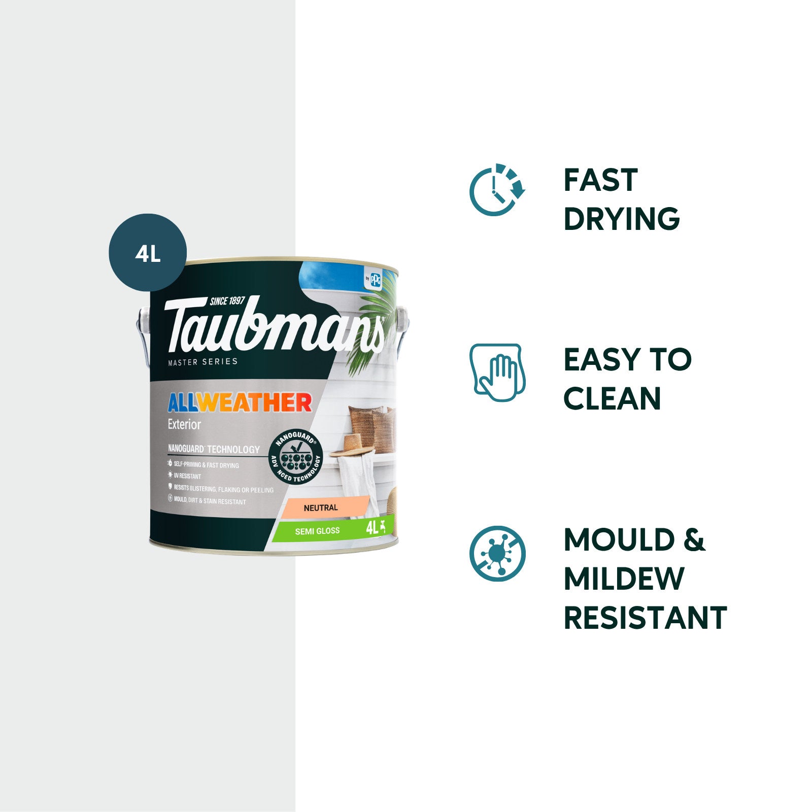 Taubmans 4L Neutral Semi Gloss All Weather Exterior Paint Water Based UV Resistant