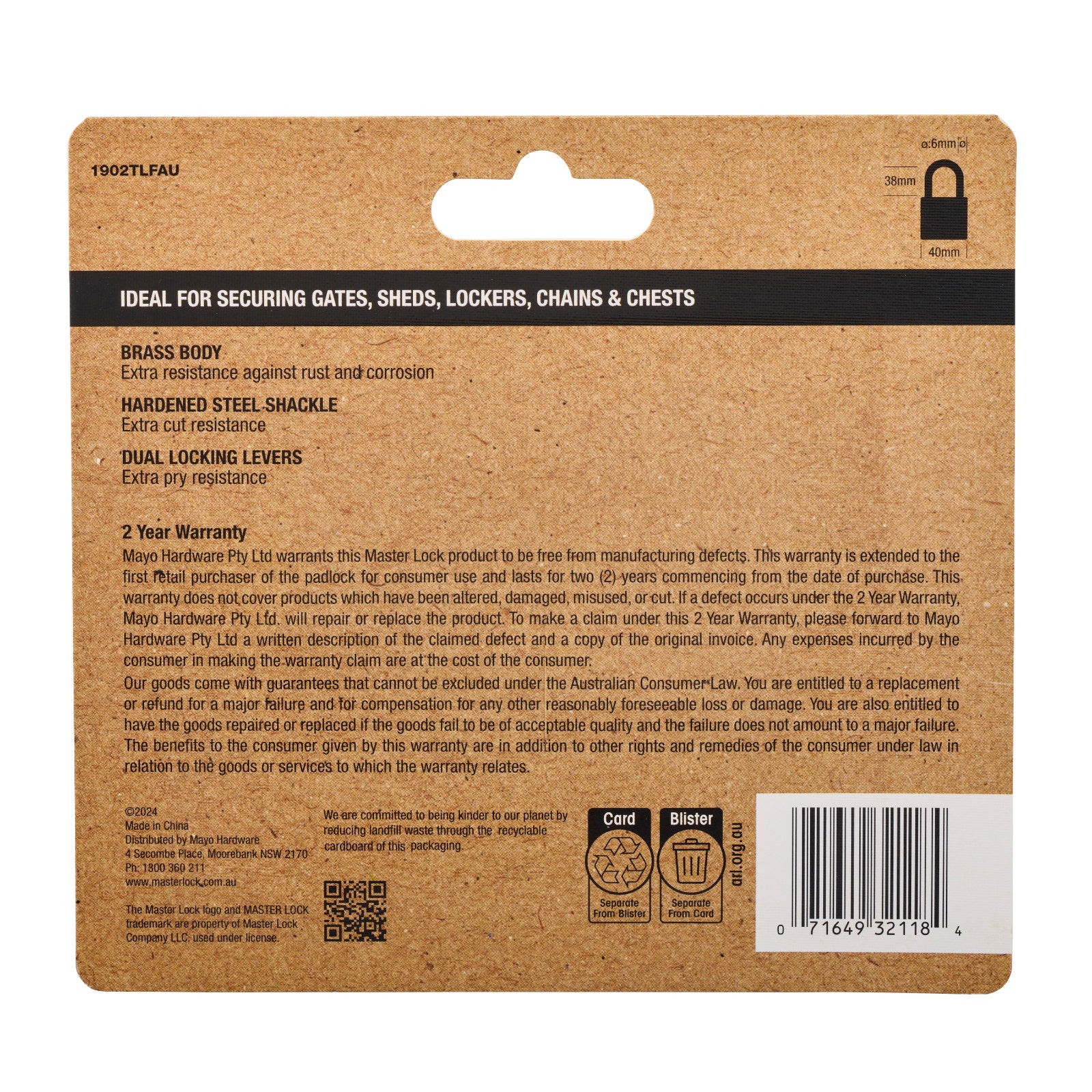 Master Lock 40mm Long Shackle Brass Padlock 2 Pack 1902TLFAU