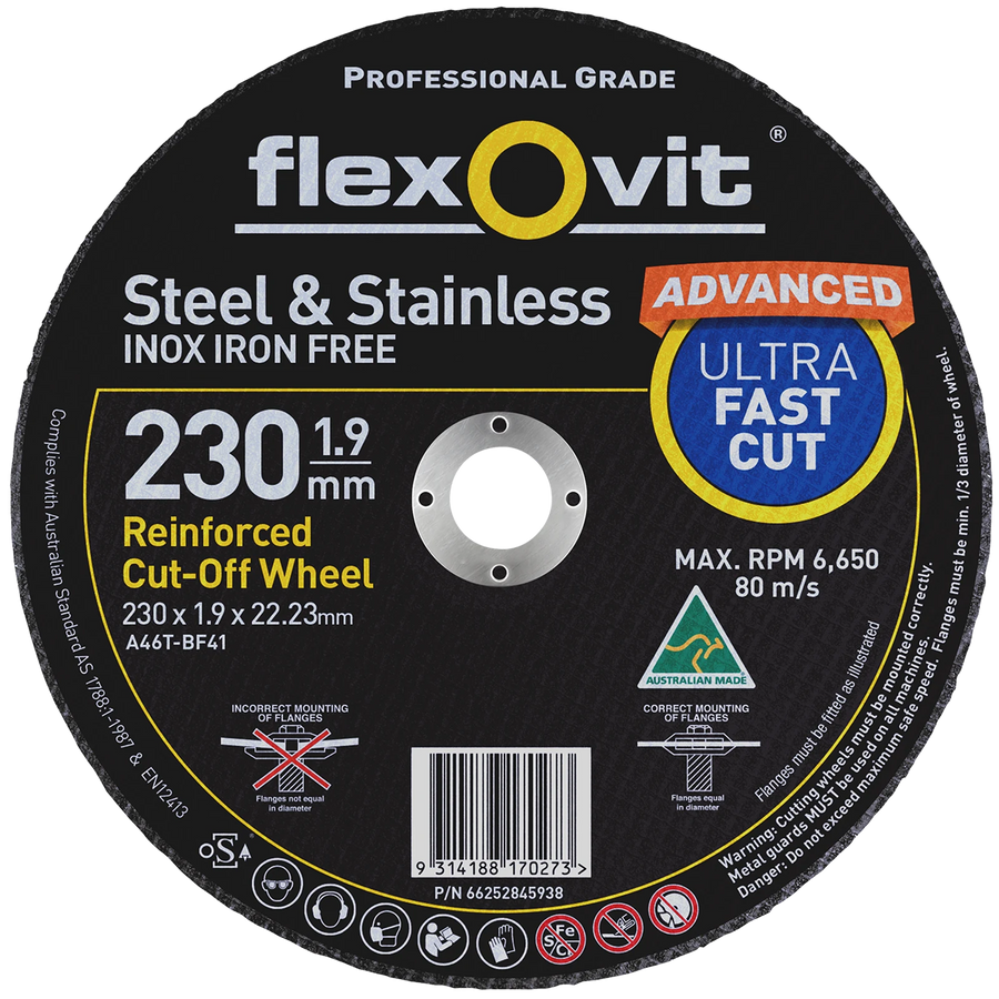 Flexovit 230 x 1.9 x 22.23mm Black Metal Cut Off Wheel