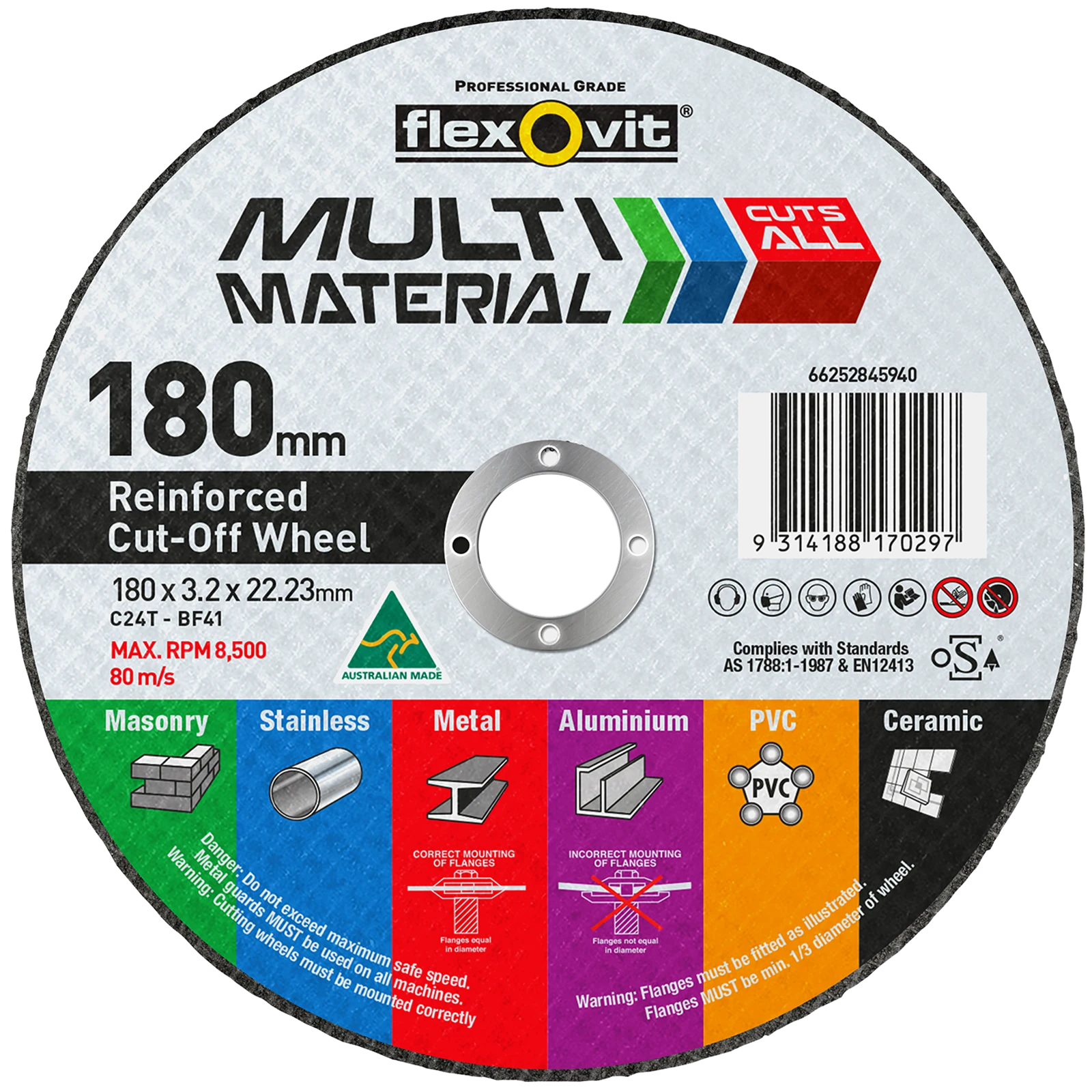 Flexovit 180 x 3.2 x 22.23mm Silicone Carbide Multi Material Reinforced Cut Off Wheel