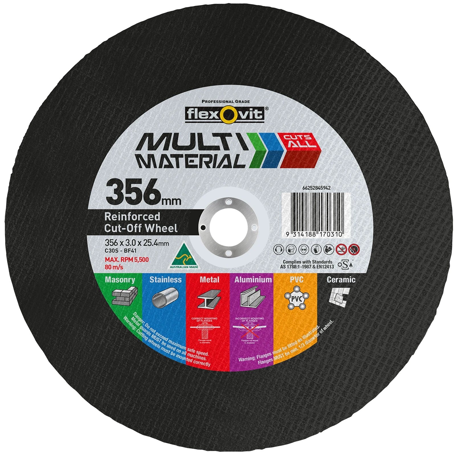 Flexovit 356 x 3.0 x 25.4mm Silicone Carbide Multi Material Reinforced Cut Off Wheel