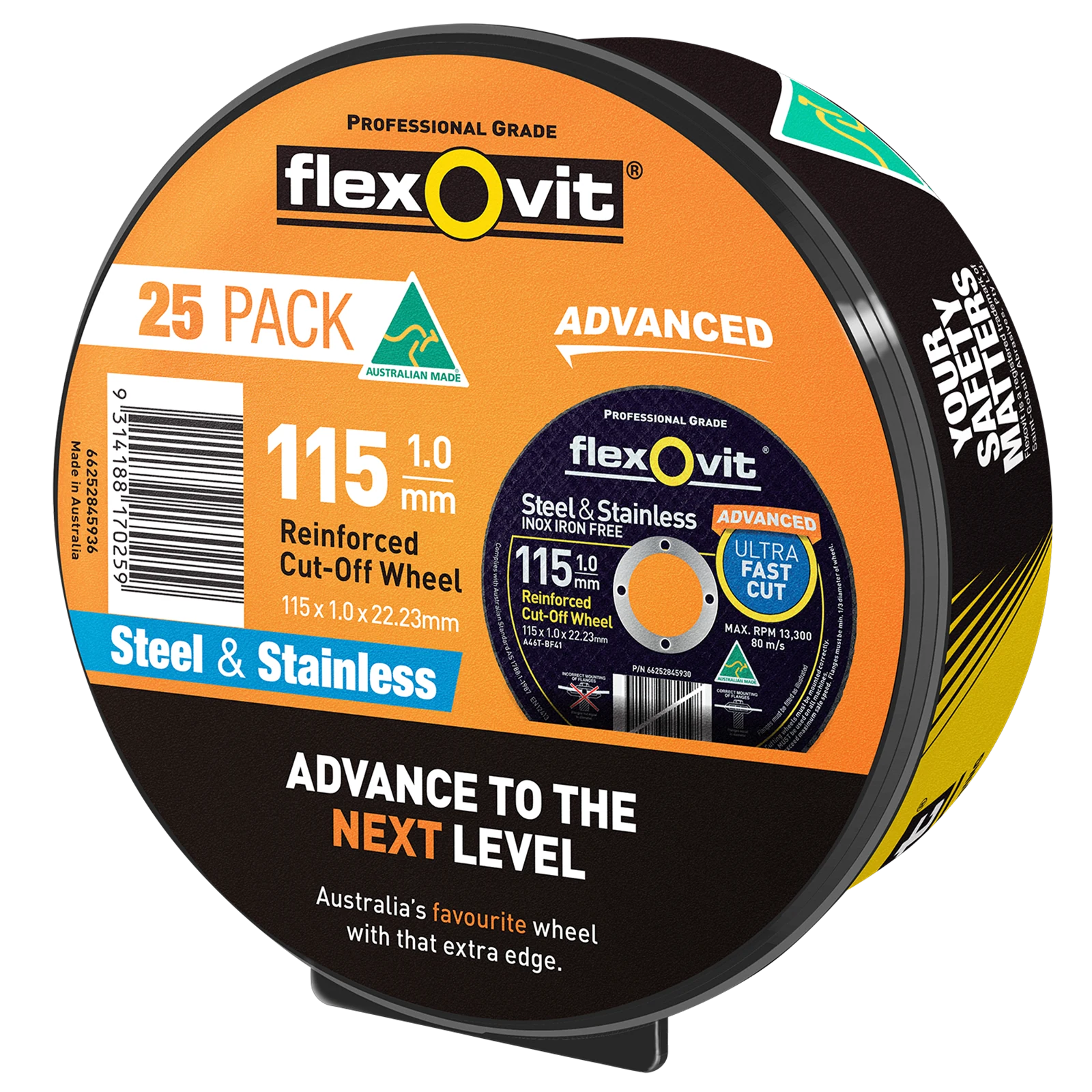 Flexovit 115 x 1.0 x 22.23mm Black Metal Cut Off Wheel - 25 Pack