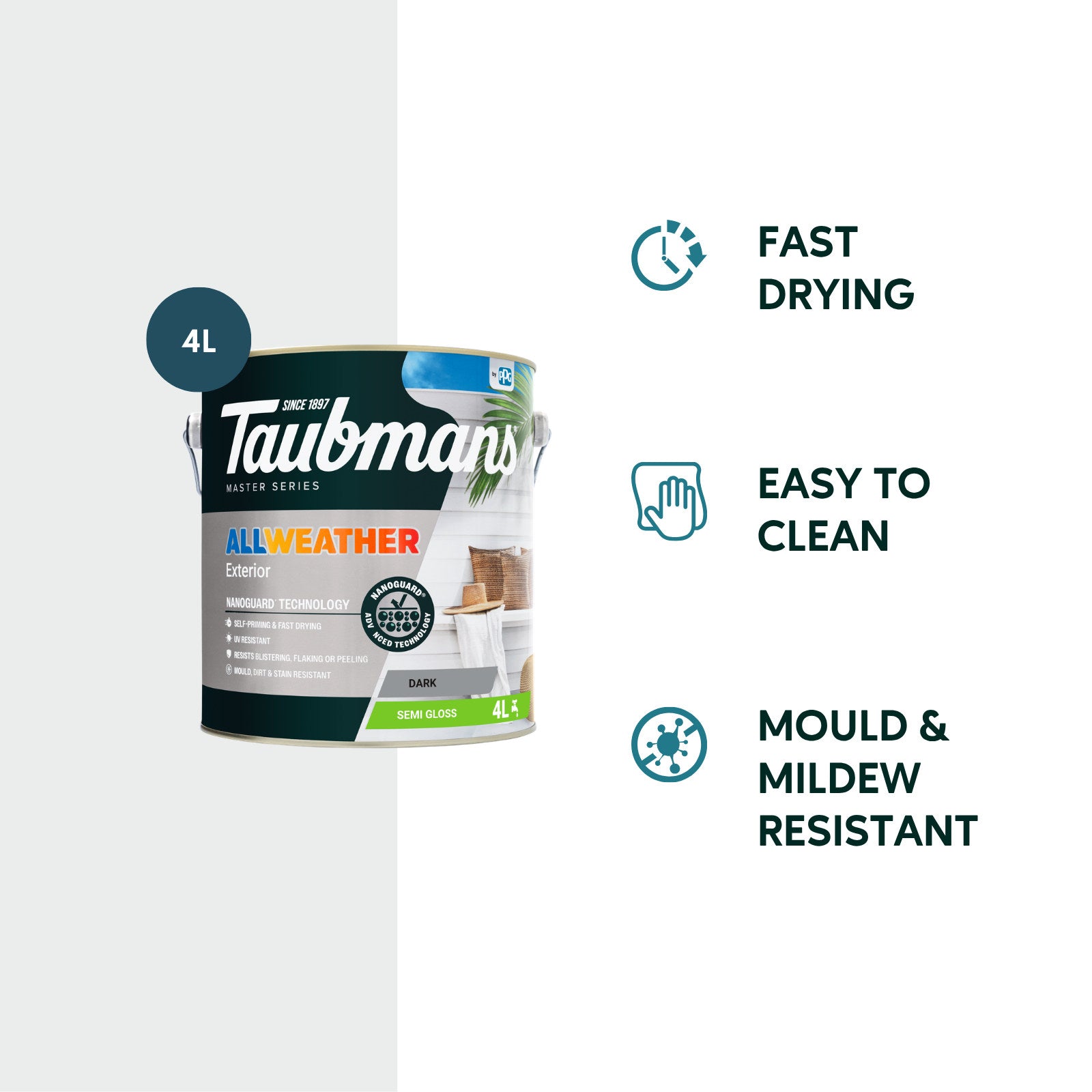 Taubmans 4L Dark Water Based Acrylic Semi-Gloss All Weather Exterior Paint UV Resistant Waterproof
