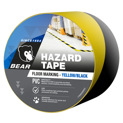 Bear 48mm x 30m Yellow and Black PVC Hazard Tape - UV Resistant