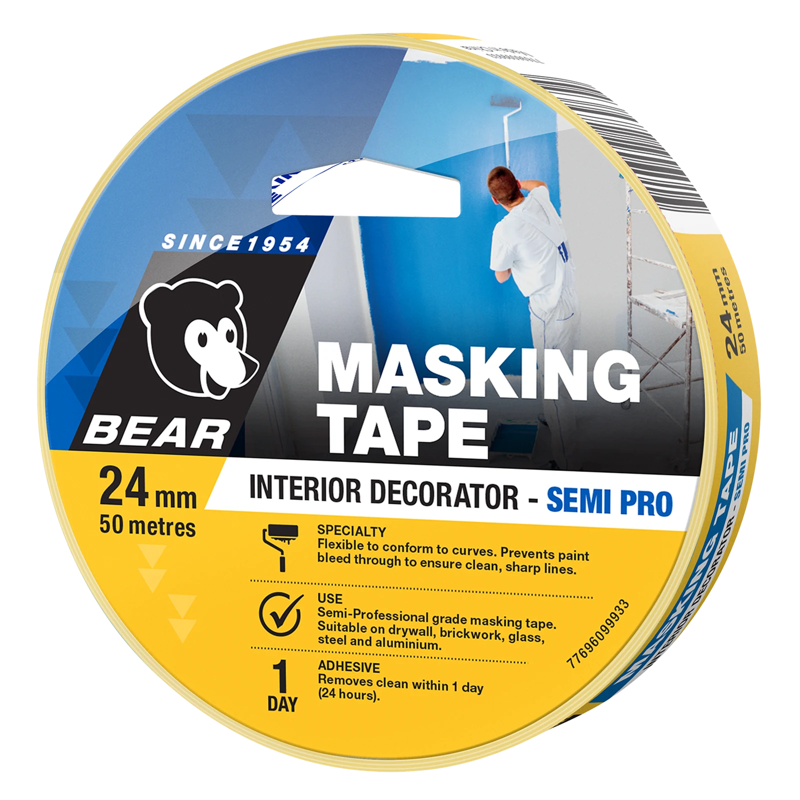 Bear 24mm x 50m Yellow Crepe Paper Interior Decorator Masking Tape