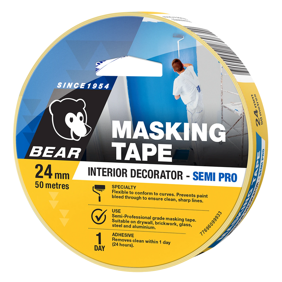 Bear 24mm x 50m Yellow Crepe Paper Interior Decorator Masking Tape