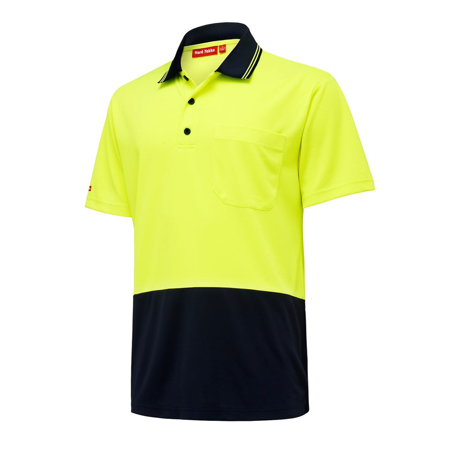 Hard Yakka Hi Vis Short Sleeve Polo Yellow Navy Size M Polyester Micromesh