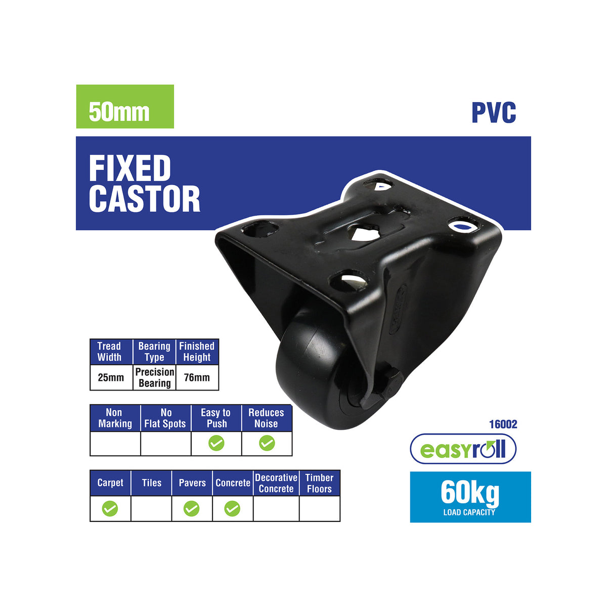 Easyroll 50mm Black PVC Fixed Castor 60kg Indoor Outdoor