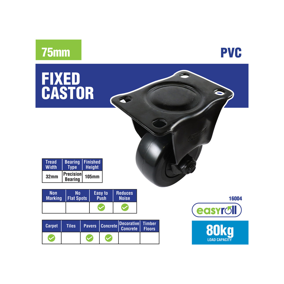 Easyroll 75mm Black PVC Fixed Castor 80kg Indoor Outdoor