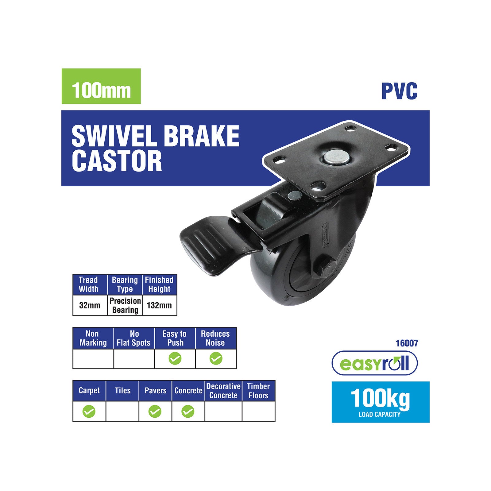 Easyroll 100mm Black PVC Swivel Brake Castor 100kg Indoor Outdoor