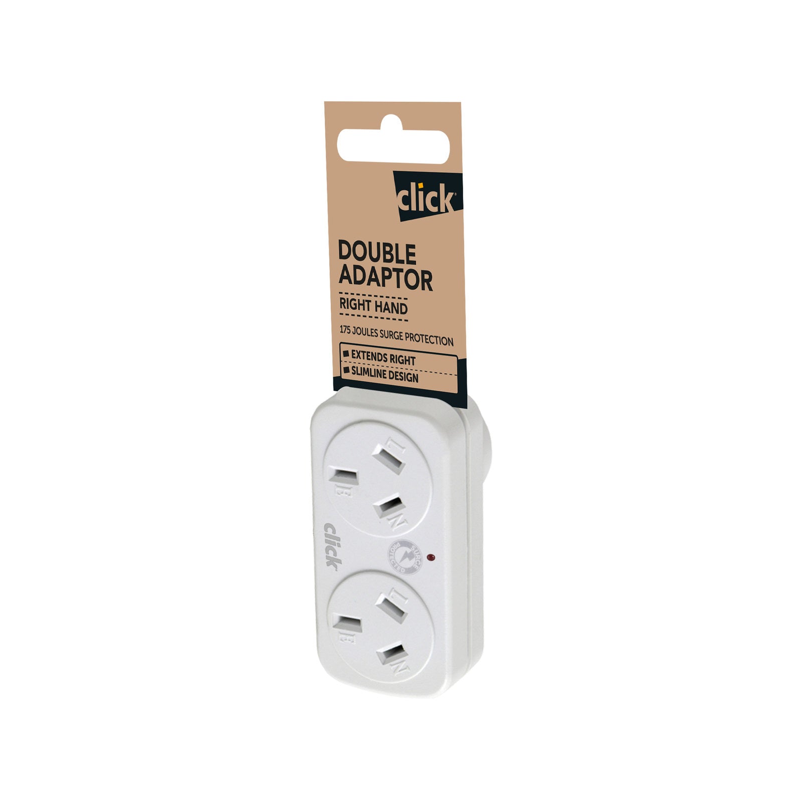 Click White Right Hand Double Adaptor 2 Outlet Surge CLKDA02-S