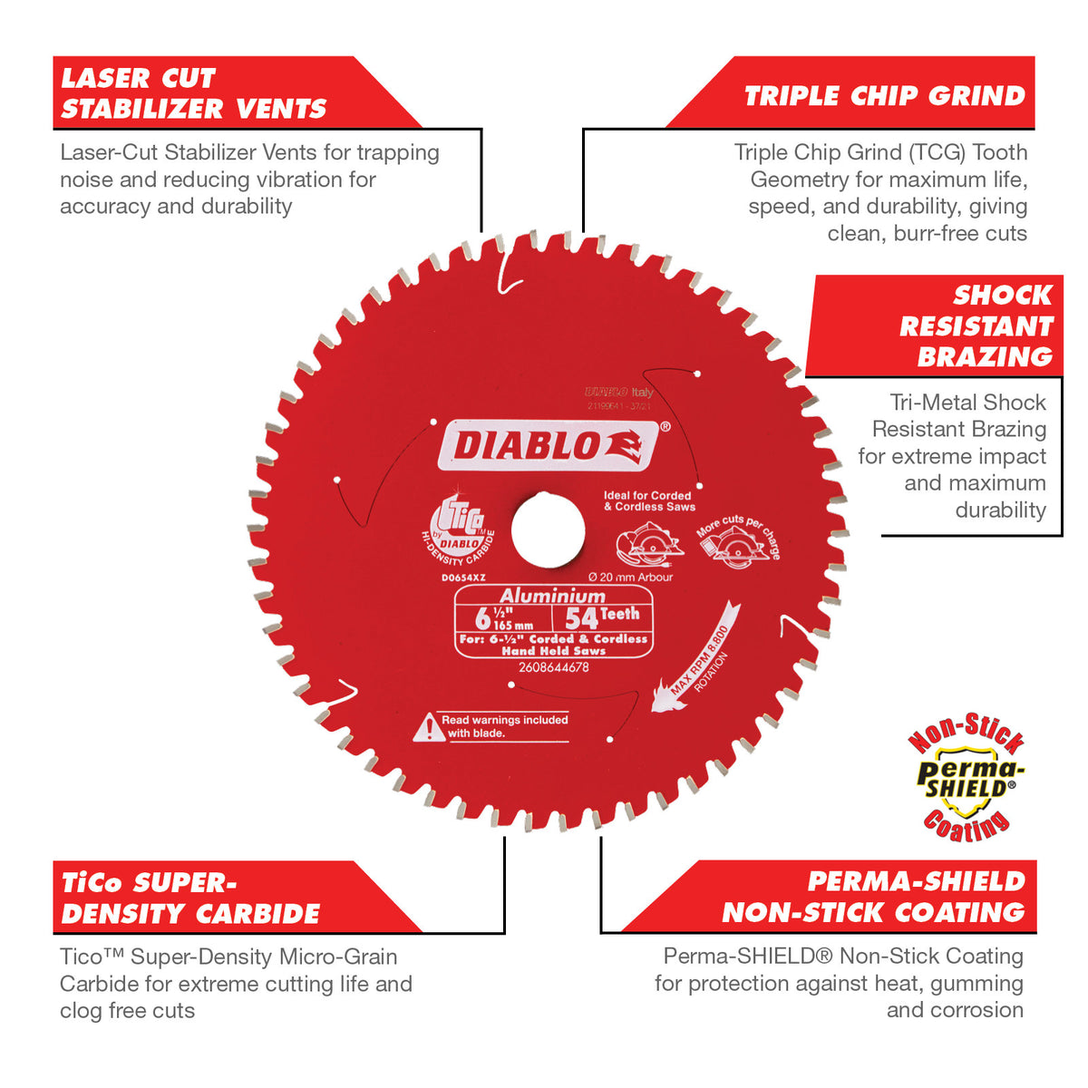 Diablo 165mm 54T Aluminium/Plastic Circular Saw Blade
