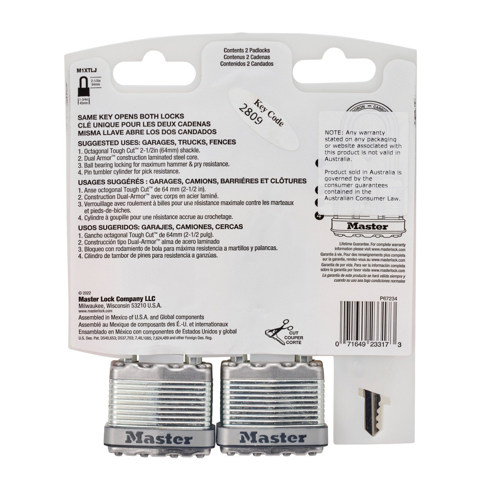 Master Lock 45mm Magnum Laminated Steel Padlock, 64mm Extra Long Shackle - 2 Pack