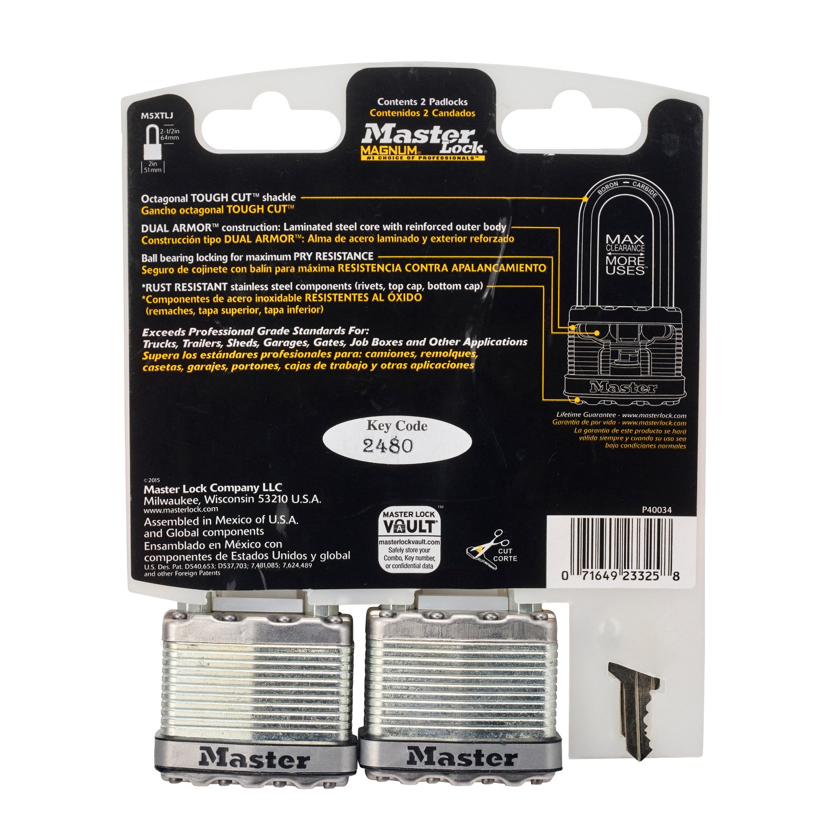 Master Lock 51mm Magnum Laminated Steel Padlock, 64mm Extra Long Shackle - 2 Pack