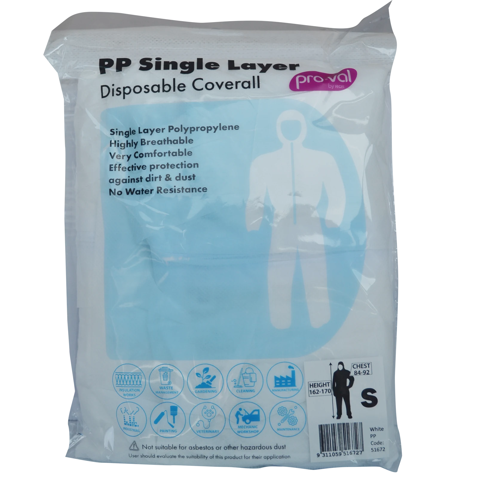 Pro-Val PP Single Layer Disposable Coverall Small Dust Resistant Breathable