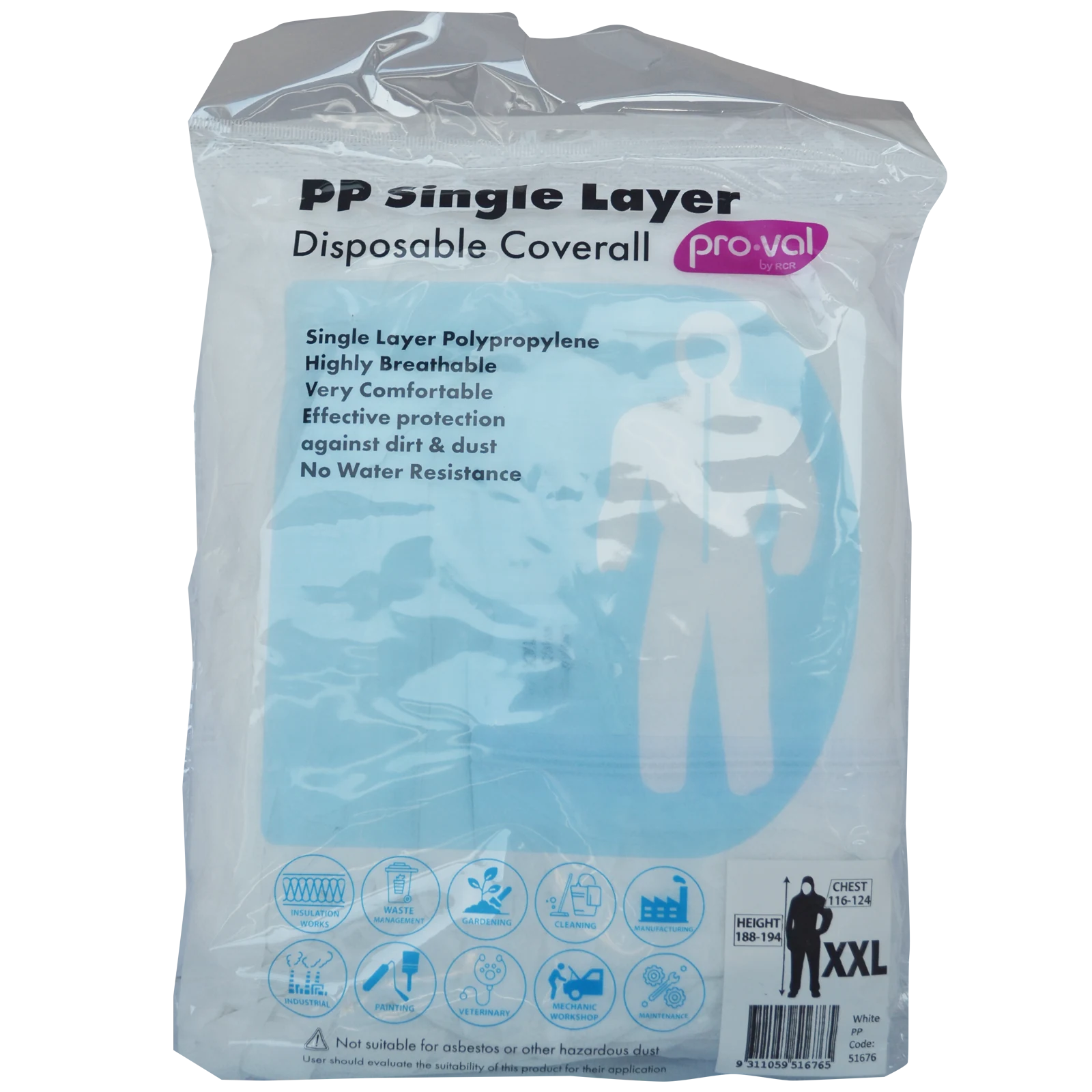 Pro-Val PP Single Layer Disposable Coverall XXL Dust Resistant Breathable