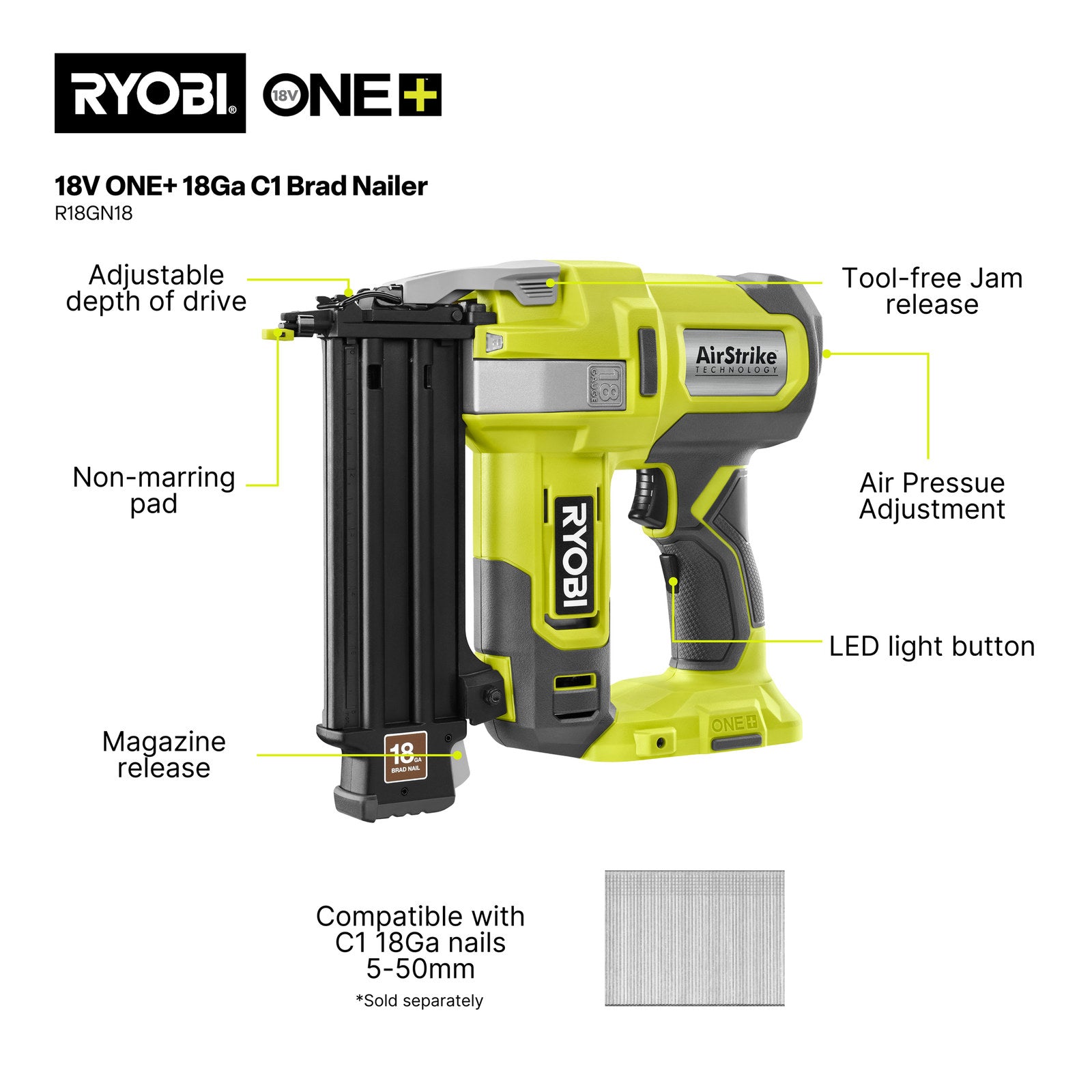 Ryobi 18V ONE+ 18GA C1 Brad Nailer Tool Only R18GN18