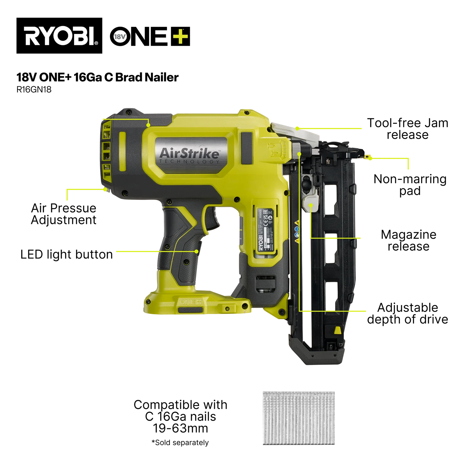 Ryobi 18V ONE+ 16GA Brad Nailer Tool Only R16GN18